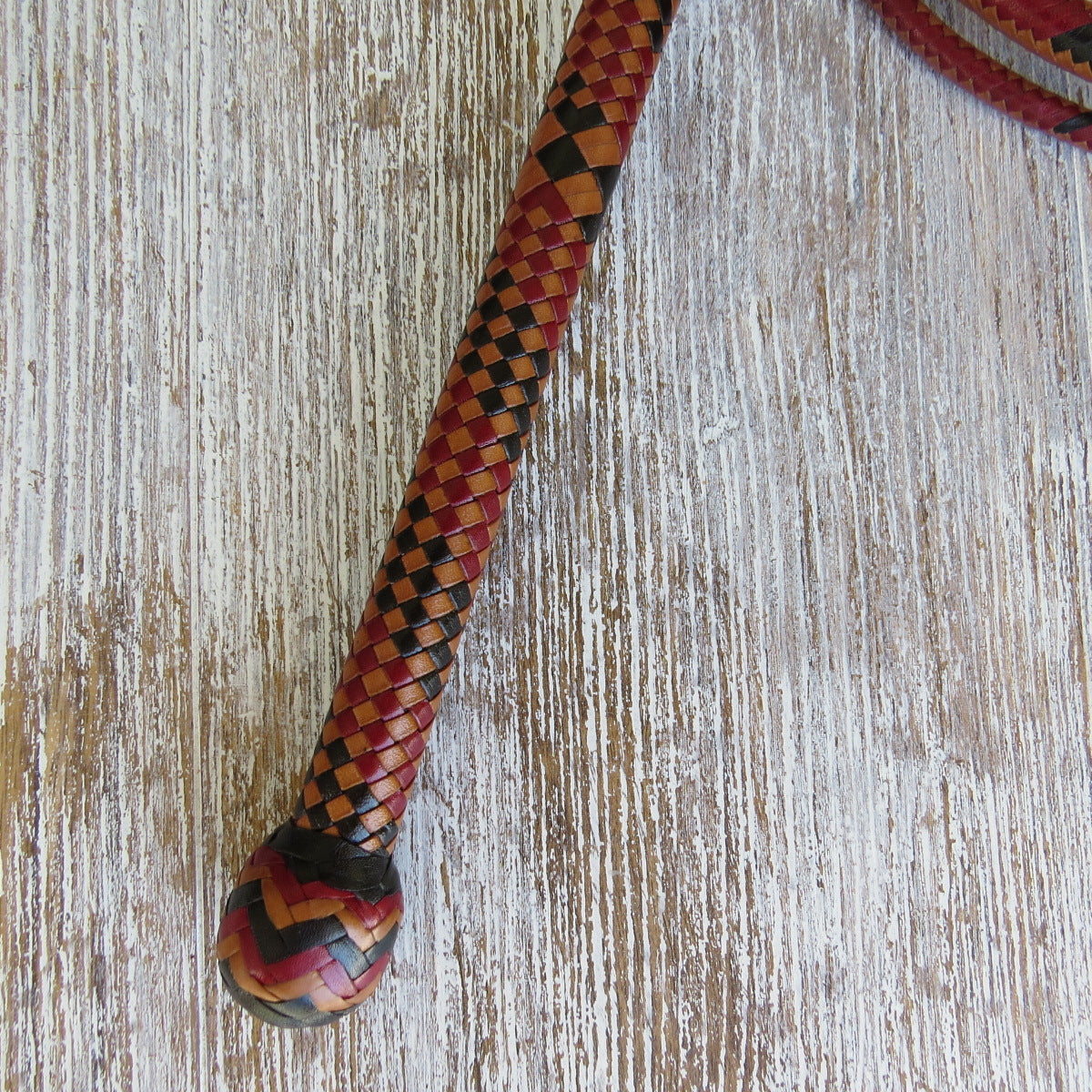 7ft Australian Pattern 3-tone Natural, Red and Brandy Tan 16plait Bullwhip