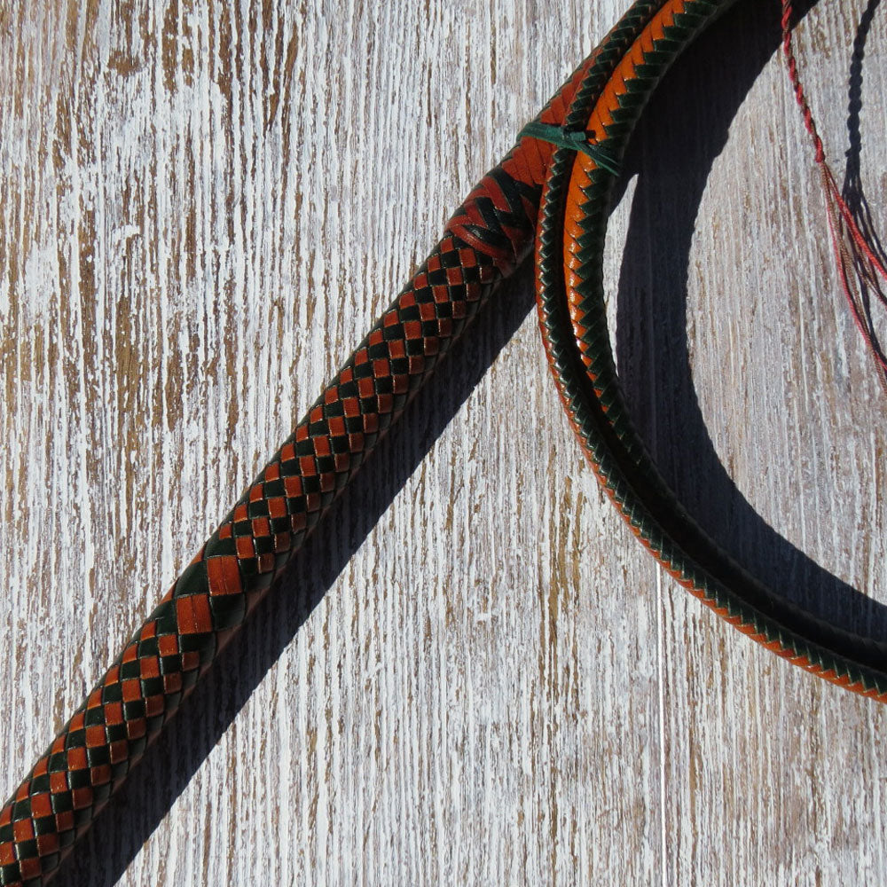 6ft Australian Pattern 2-tone Saddle Tan and Jade Green 16plait Bullwhip